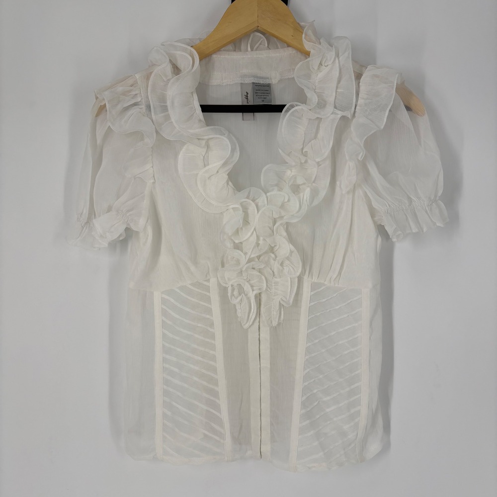 White Ruffle Corset Top Size M Short Puff Sleeve Smocked Back Lolita Coquette‎